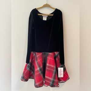 Girls holiday dress. Black velvet and red plaid